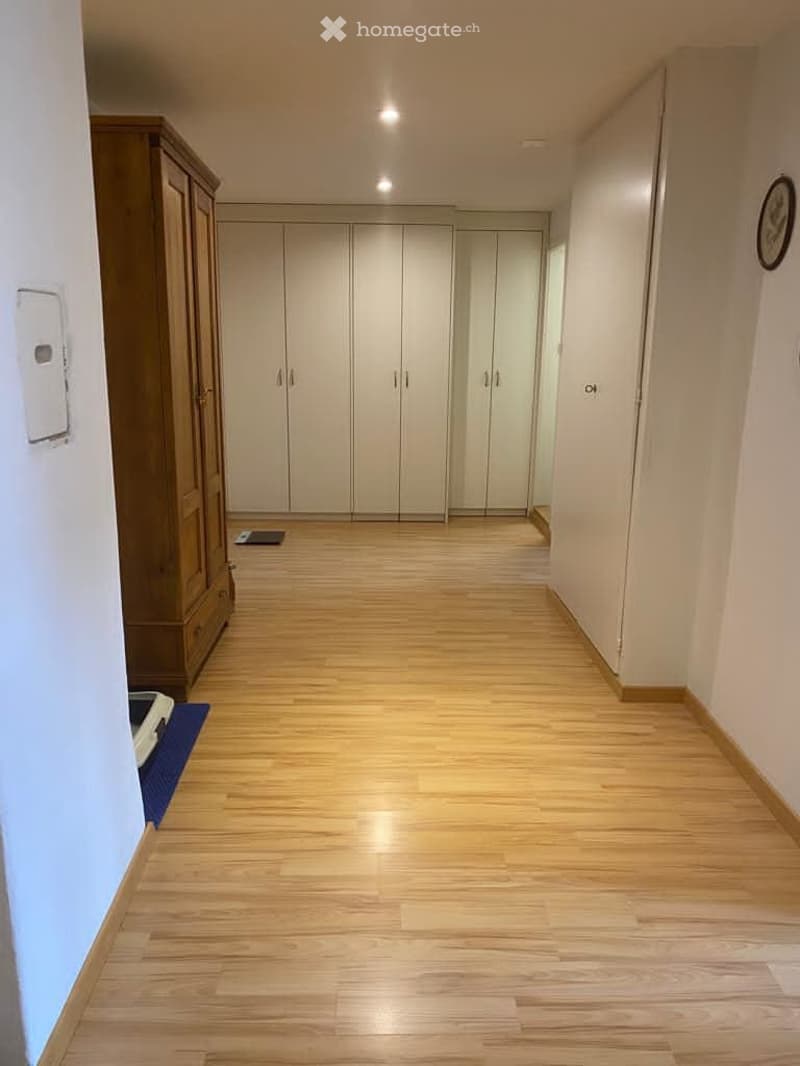 Empty hallway with wooden floor, white walls, multiple white cabinets on both sides, and a wooden cabinet on the left side.