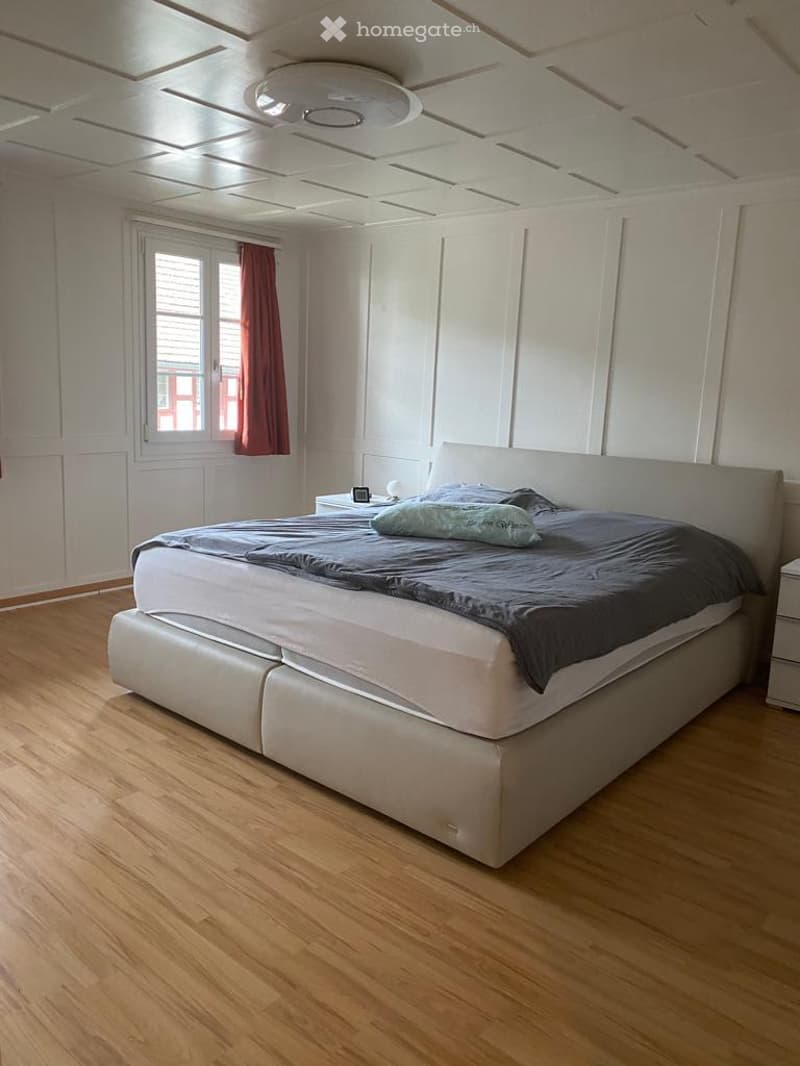 master bedroom with a white bed, white ceiling, wooden floor, white walls, large window, bedside tables, pillows, ceiling light
