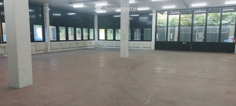 spacious room, large windows, ceiling lights, concrete floor, large central pillar, white walls