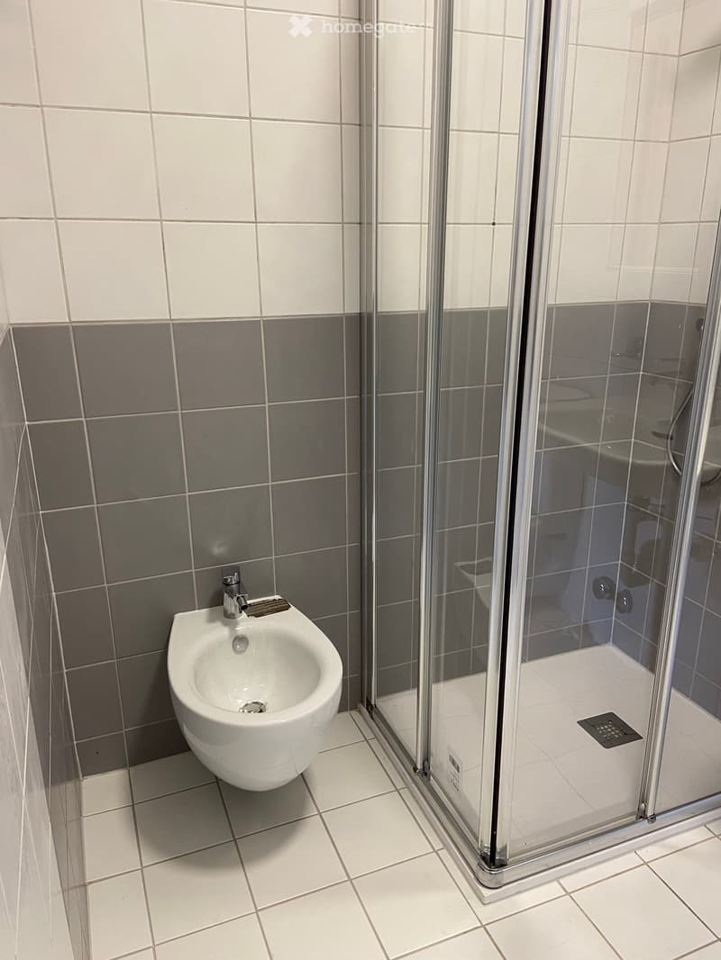 Bidet, glass shower enclosure, white tiles, gray tiles on wall, drain in floor