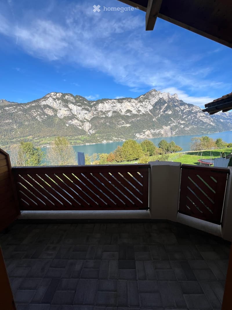 wooden fence, brick floor, view of lake and mountains