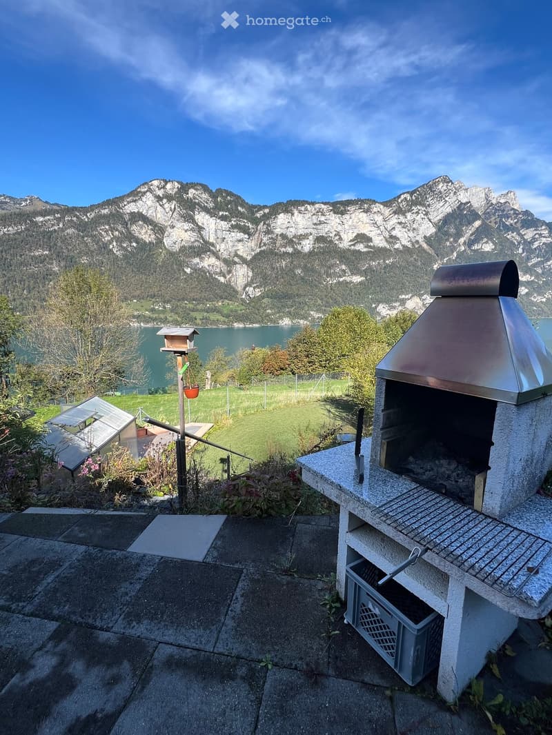 Outdoor grill with metal chimney, paved ground, green lawn, mountain lake view, wooden fence, house in distance