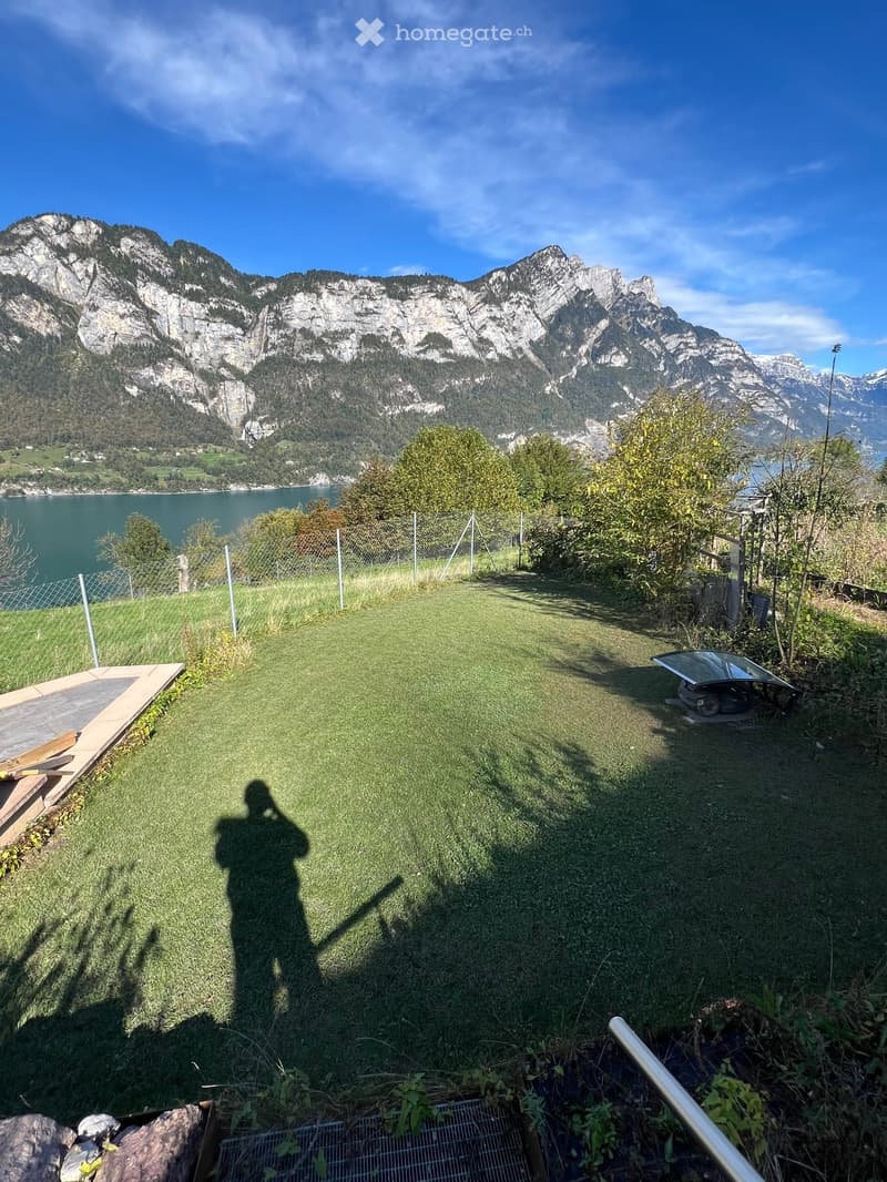 Wide lawn, shadow, person, lake in the background, mountains in the background, fence on the lawn, lamp post on the mountain side, plants and rocks on the side.