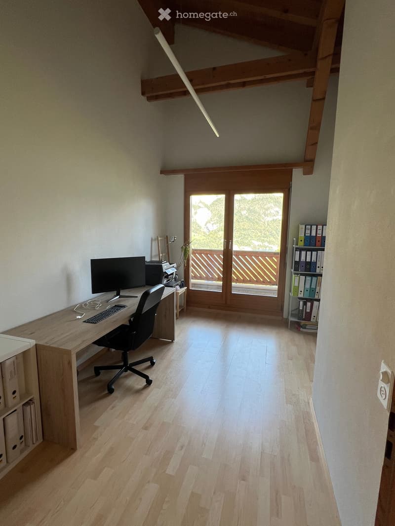 modern desk, office chair, computer monitor, keyboard, printer, wooden flooring, large window with balcony view, bookshelves, file storage