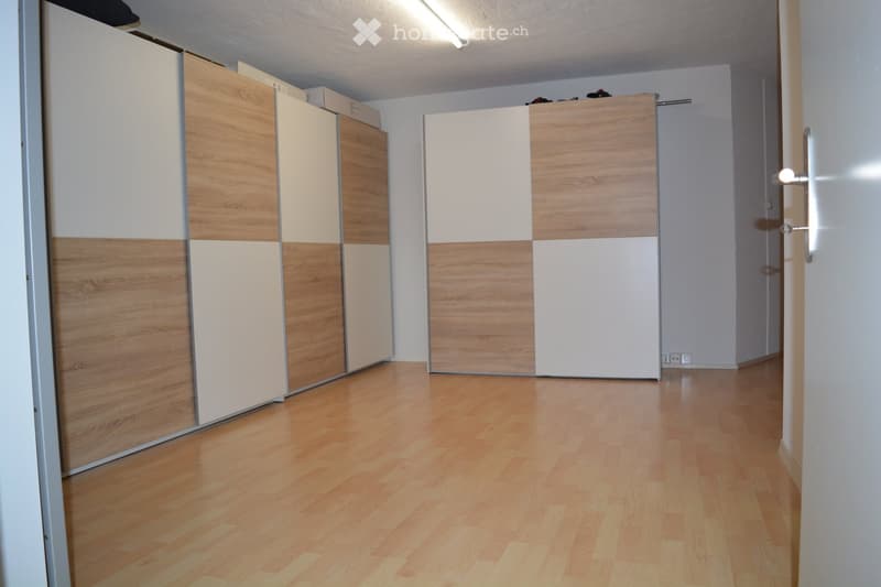 Empty room with wooden and white wardrobes, wooden floor, white walls, ceiling light, power outlets.