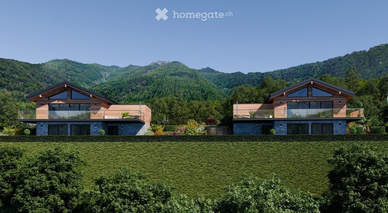 Two story chalet, stone foundation, glass windows, wooden facade, balcony on each level