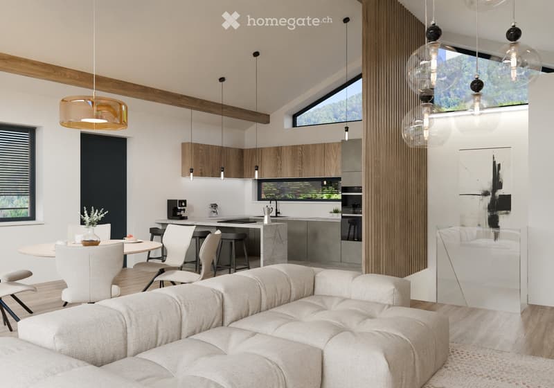 Dining room with round table, kitchen with island, modern lamps, wood flooring