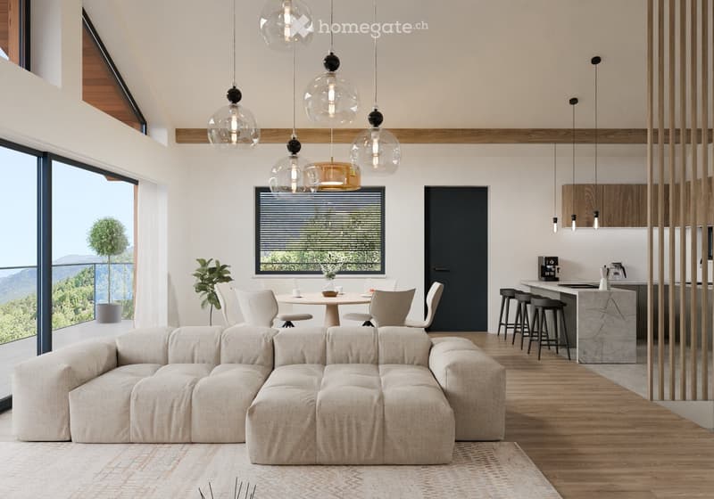 Large L-shaped sofa, dining table with chairs, kitchen bar with stools, large windows, modern pendant lights, wooden floor, minimalist decor, potted plants