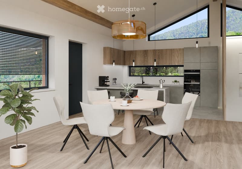dining room with round table and chairs, open kitchen with island and appliances, large windows with view