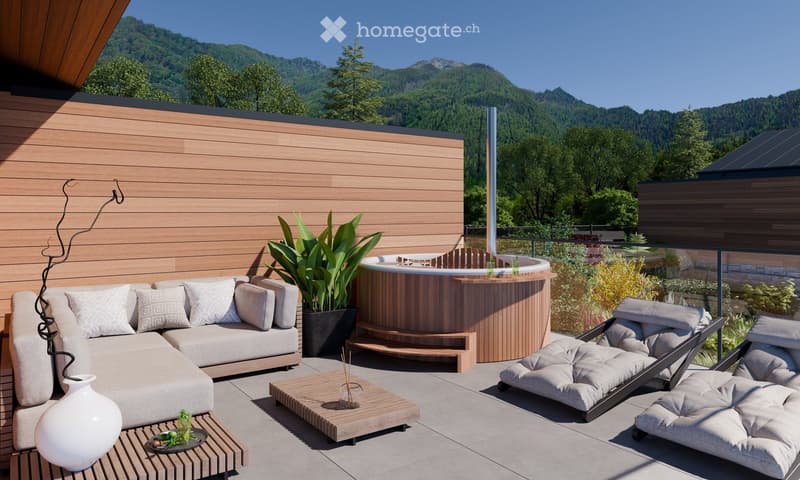 Cushioned sofa, coffee table, lounge chairs, large wooden tub, outdoor seating with plants, scenic mountain view