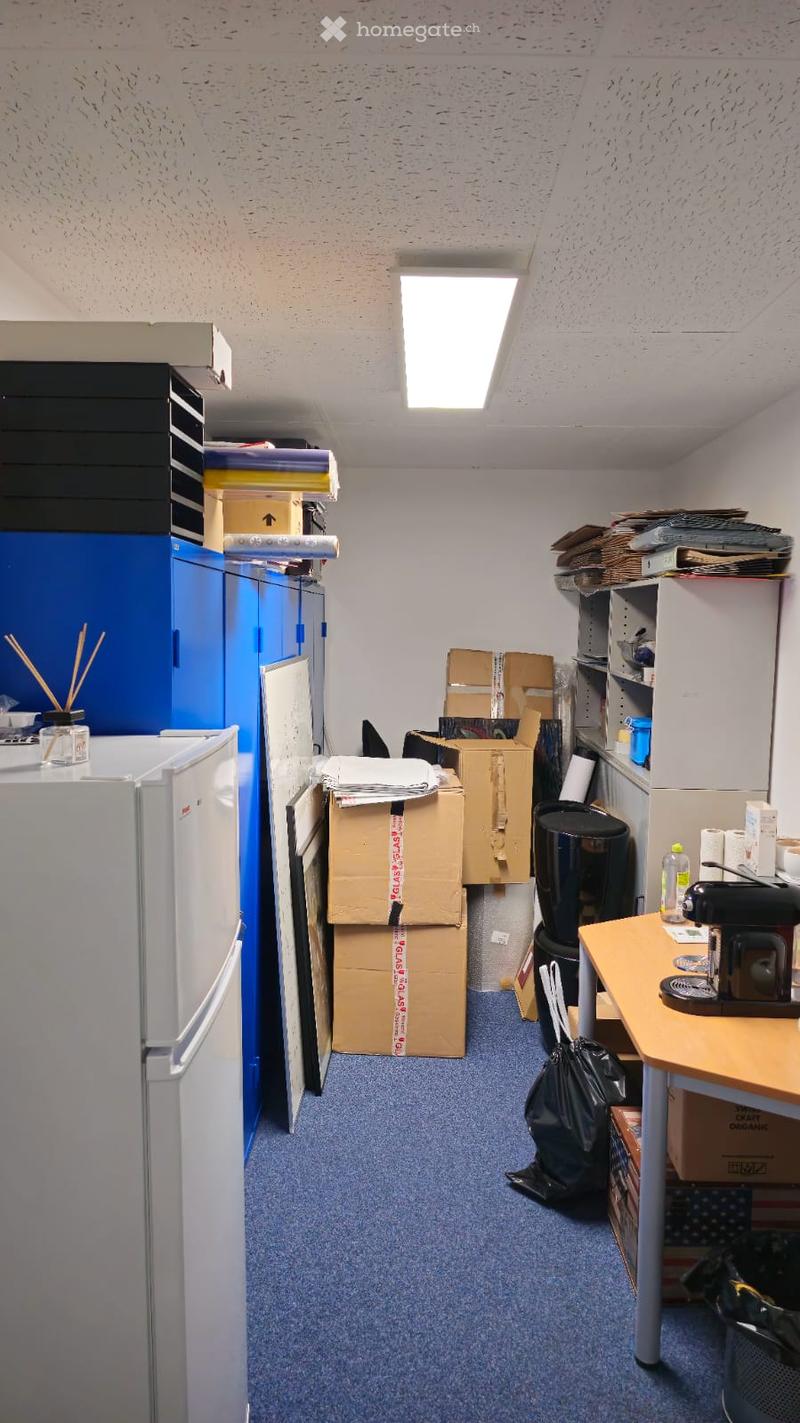 A room with blue carpet, various boxes, storage units, a desk, a printer, a refrigerator, and a trash can. The room appears to be a storage area or office space.