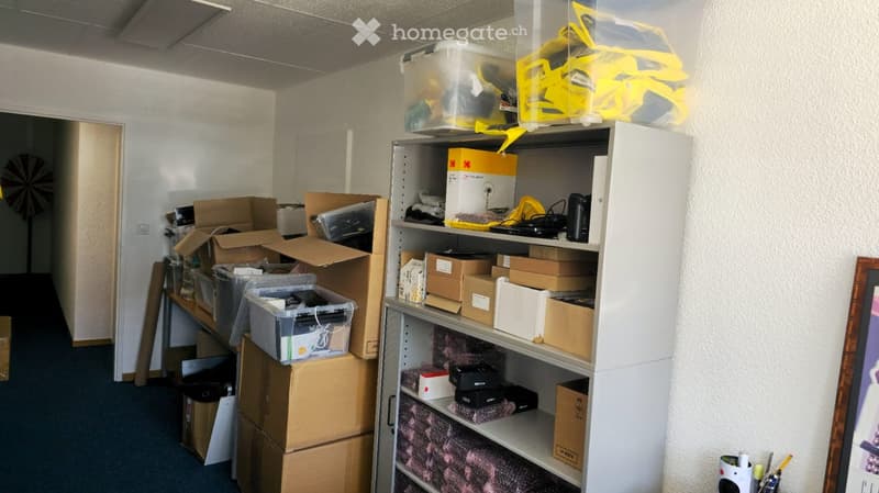 A room with many storage boxes, storage bins, plastic containers, clear plastic containers, and shelves full of various items