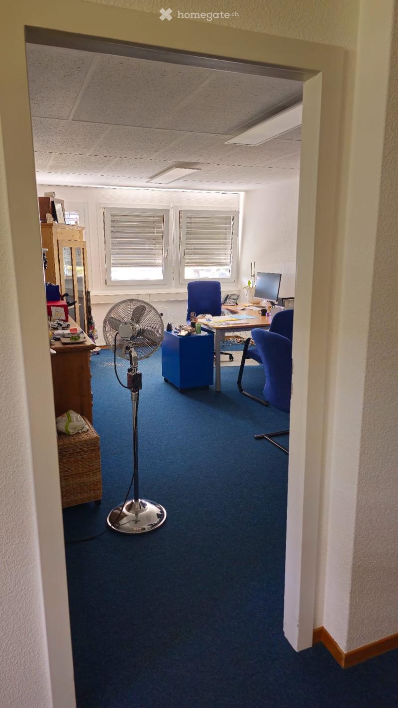 office room with carpeted floor, several chairs, standing fan, wooden desk with computer, wooden storage cabinet, brown wicker basket