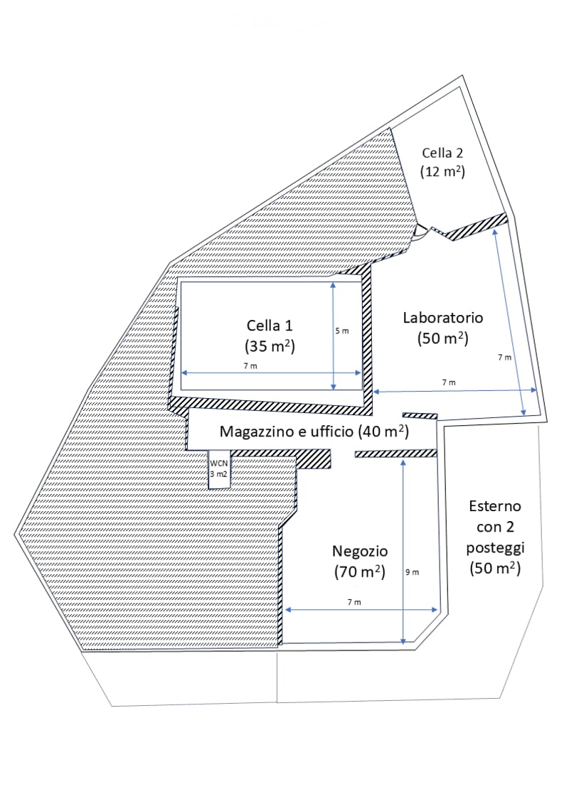 Floor plan includes: a lab area (50 m2), storage rooms (35 m2 and 12 m2), magazine and office area (40 m2), an outside area with 2 posts (50 m2), and a business area (70 m2)