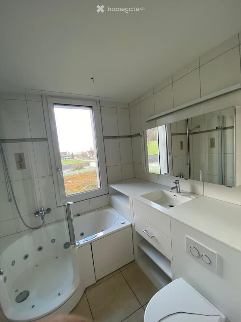 Spacious bathroom with bathtub, separate shower, double vanity, white cabinets, white tiles, large mirror, window
