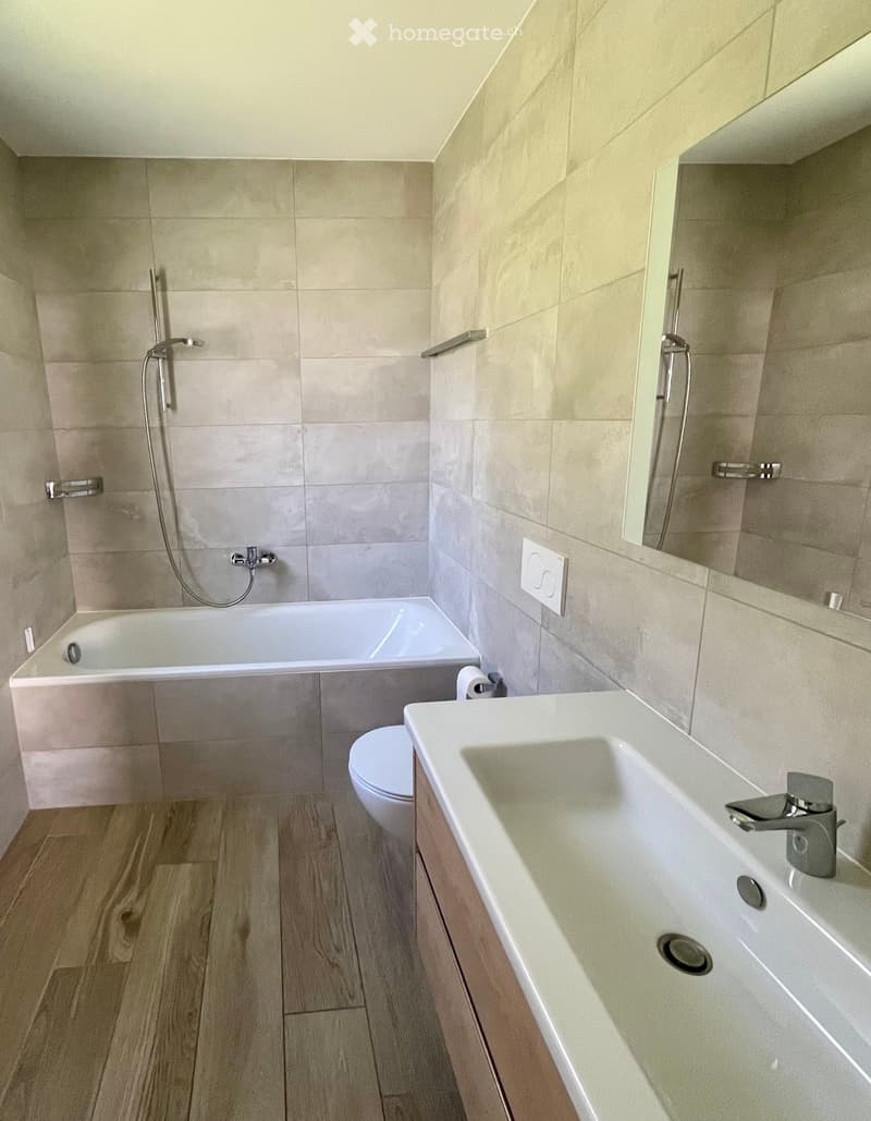 Bathroom with bathtub, toilet, sink, mirror, and shower