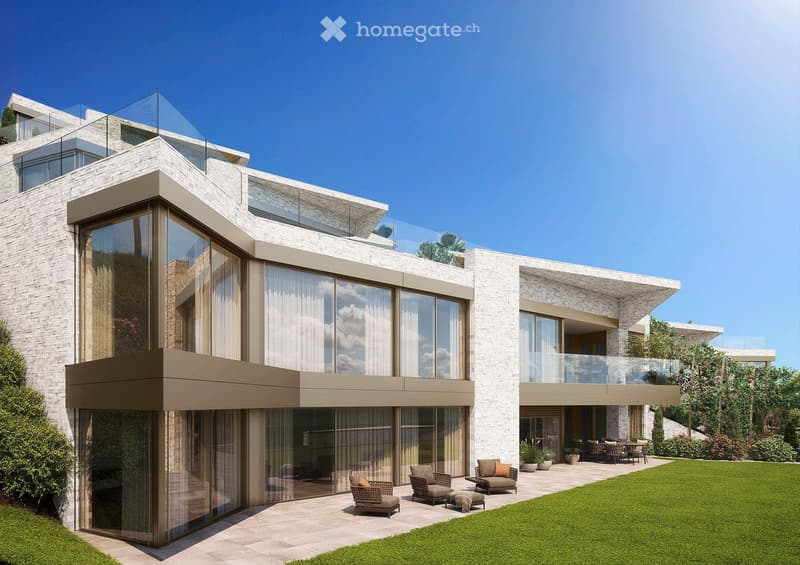 Modern three-story white brick house, large glass windows, terraces, outdoor dining area with furniture