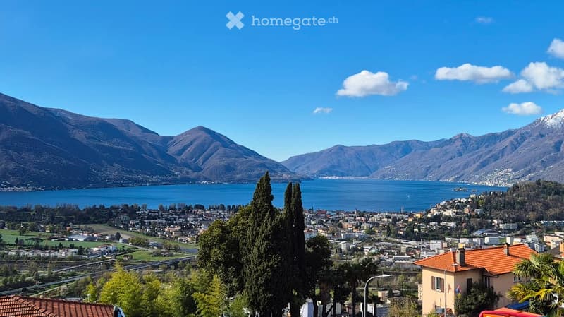 panoramic view of mountains, lake, and town