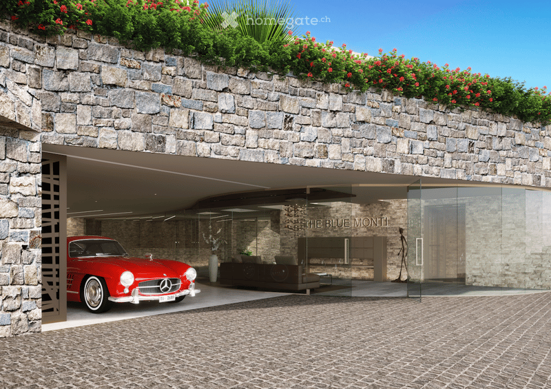 garage with stone wall, red car parked, glass entrance, brick floor, green plant on top of wall