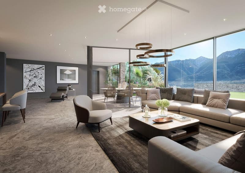 modern style living room, large windows, gray wall, gray floor, furniture, glass coffee table, couch, plants