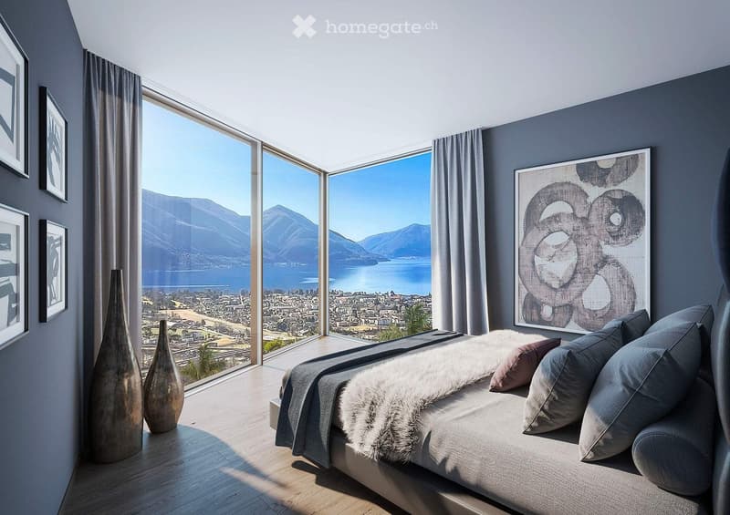 bedroom with large window, gray walls, wooden floor, bed with fur blanket, vases, mountain and city view