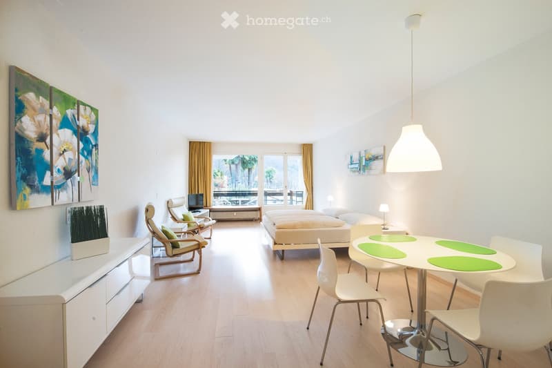 minimalistic interior, wooden floor, dining area with a table, living room with a sofa, a bed, balcony with a view of palm trees and mountains