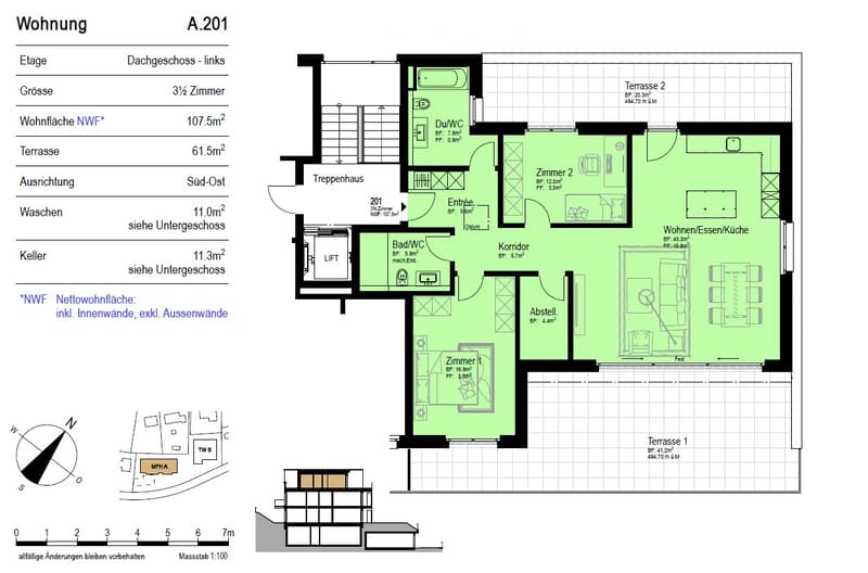 Entrance, 2 bedrooms, bathroom, living/dining/kitchen, stair, 2 terraces