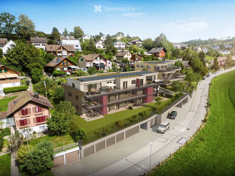 Modern architectural design building with solar panels, terrace, underground garage, surrounded by greenery and homes