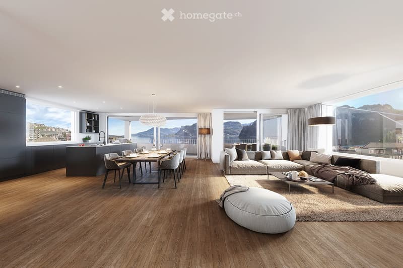 open living space with dining area, view of mountains, balcony, modern decor