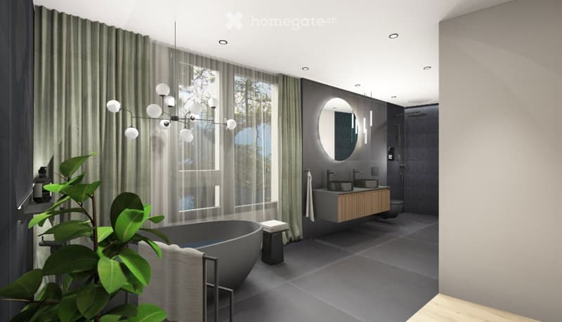 Bathroom: tub, sink, plant, chandelier, shower