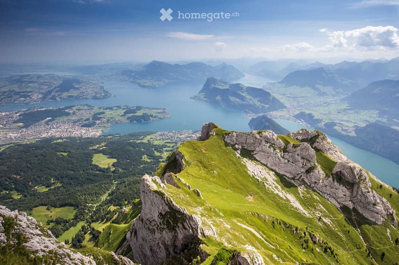 panoramic view, green valley, large lake, rocky mountain range, clear blue sky