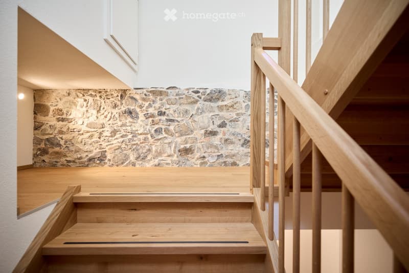 Stone wall, Wooden staircase, white wall
