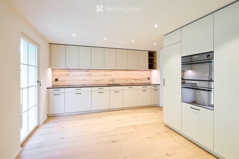 fully equipped kitchen, wooden countertops, glass doors, modern cabinets, large sink, stove, dishwasher, washing machine, wooden floor