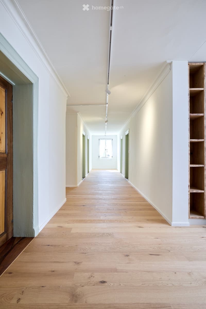 long corridor, wooden flooring, white walls, ceiling track lighting, doors along the corridor, small window