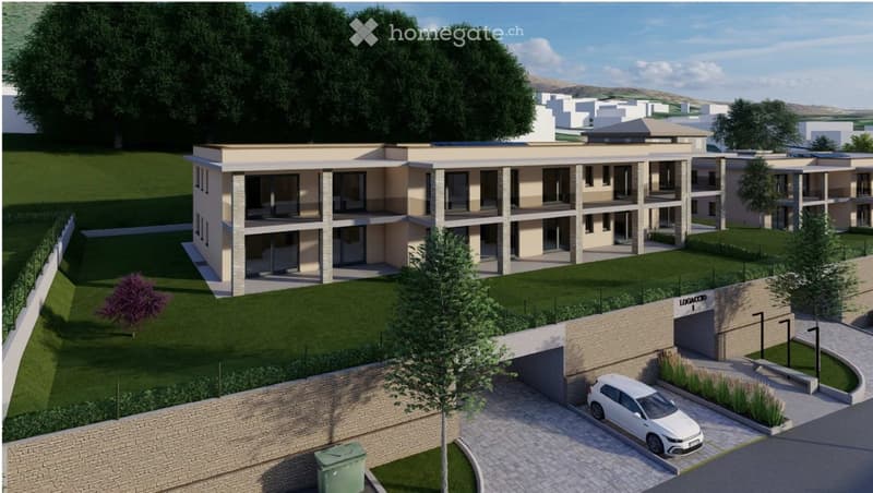 Multiple story building with terrace and balconies, solar panels, car parking