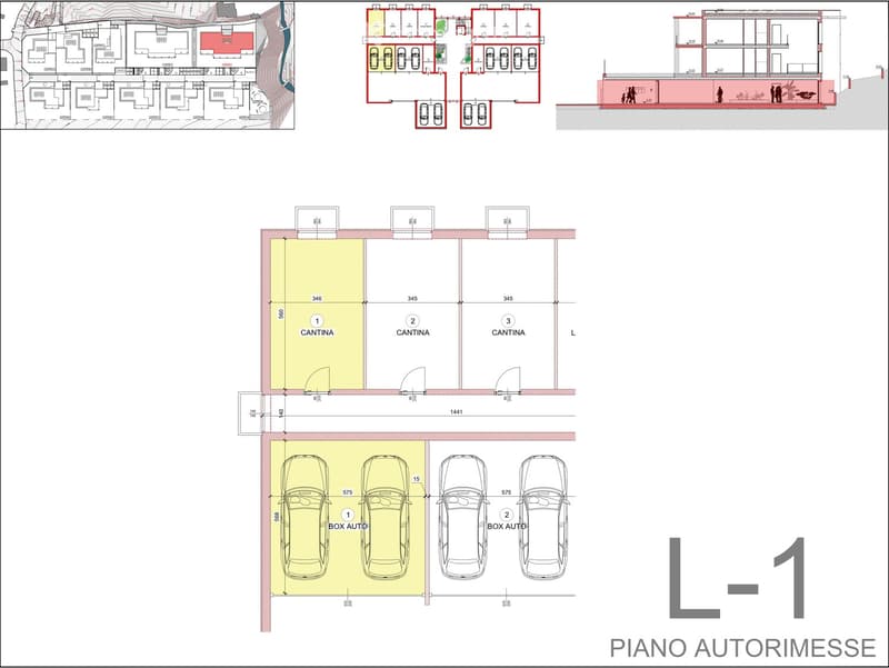 garages for four cars, three units per floor