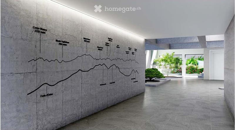 Empty hallway with a wall drawing of mountains, tiled floor, gray walls, a glass door, and a bright ceiling