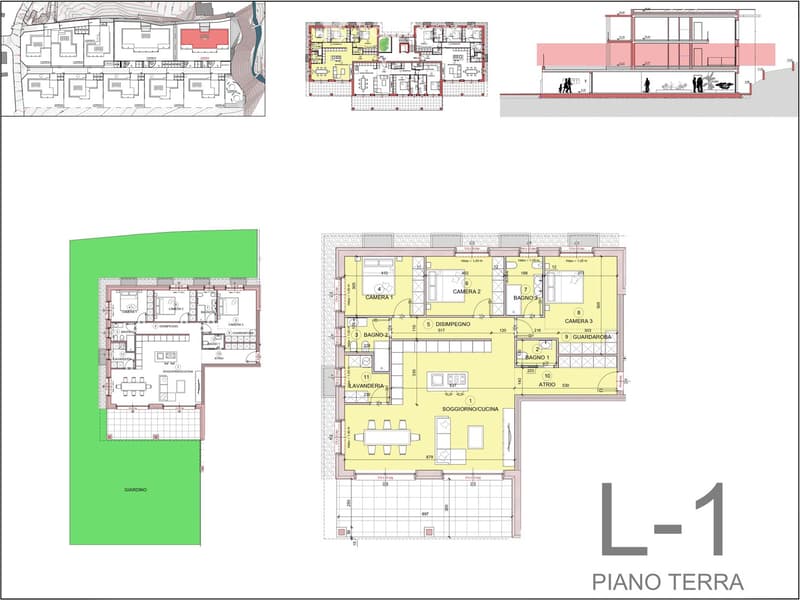 Main floor plan includes living room, kitchen, bedrooms, bathrooms, garden, balconies, access to garage