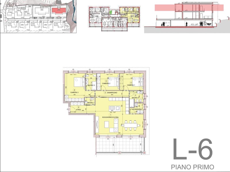 Main floor plan with several rooms labeled, including living rooms, bedrooms, kitchens, and bathrooms.