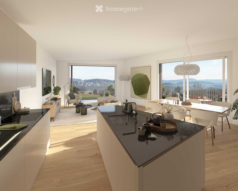 open concept kitchen-living room, modern design, large windows, balcony, dining table with chairs