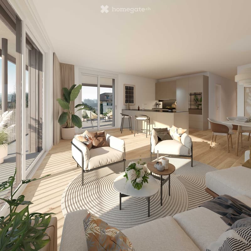open-plan living area with balcony, floor-to-ceiling windows, modern furnishings, contemporary decor, ample natural light