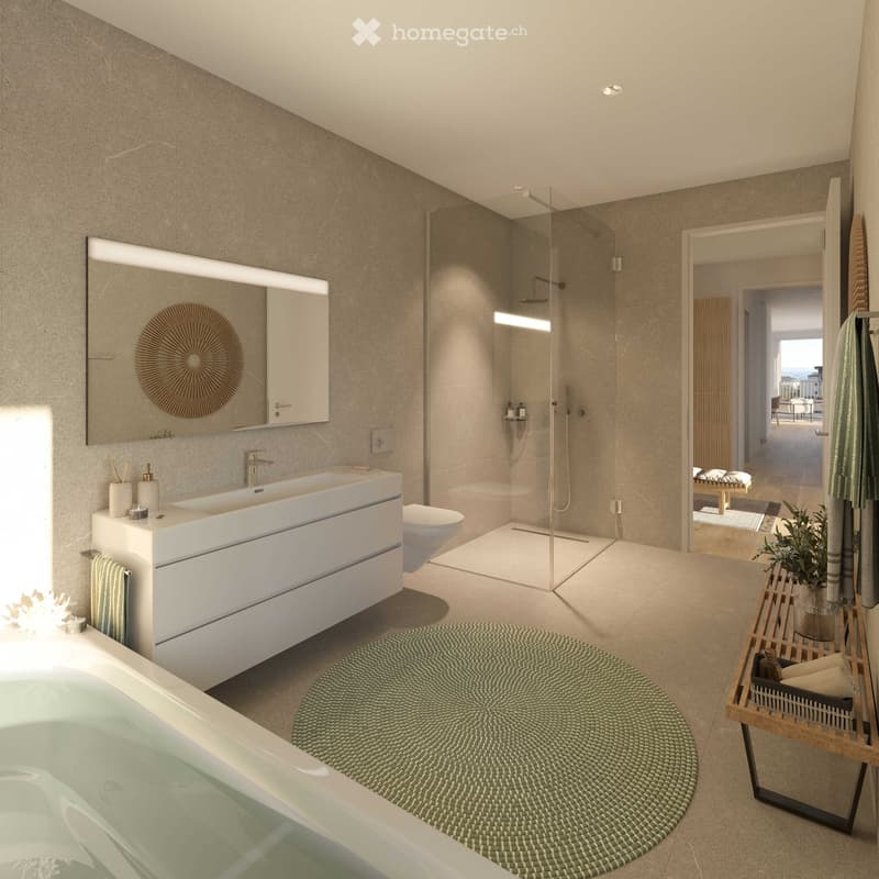 modern design, walk-in shower, bathtub, white countertop, white vanity, mirror, toilet, wooden floor