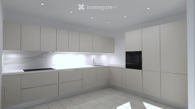 white cabinets, white tiled floor, white tiled backsplash, black induction stovetop, black oven, white countertop, white sink, white faucet
