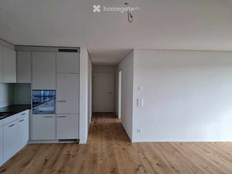 Kitchen with modern design, wooden floors, white cabinets, white walls, and built-in appliances.