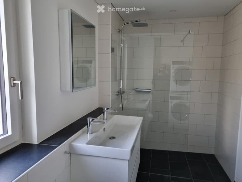 white tiles, glass walk-in shower, white sink, mirror, washer
