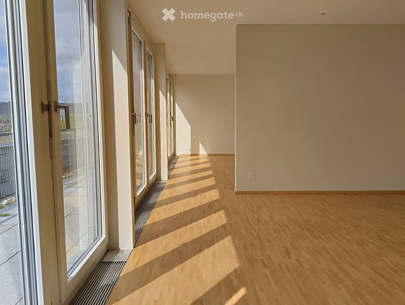 wide hallway, glass doors, balcony, hardwood floors, white walls