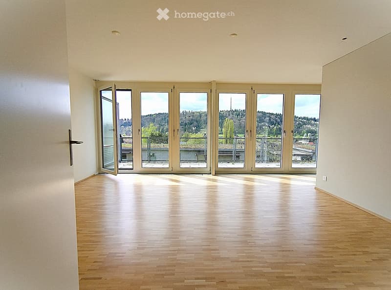 Empty room, large wooden floors, large windows with balcony, white walls