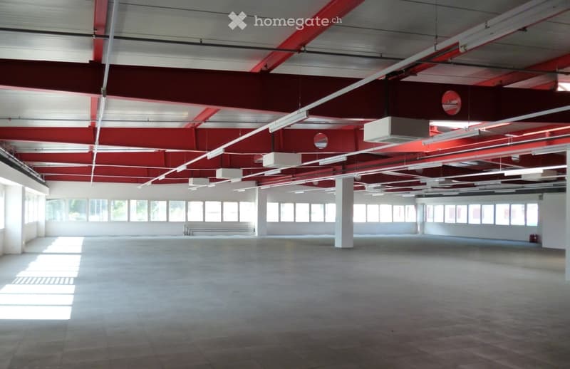 industrial building, red beams, suspended lights, white walls, large windows, empty floor