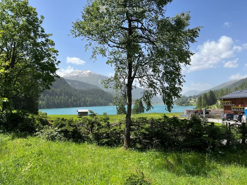The image shows a scenic landscape with a large lake surrounded by lush green trees and mountains in the background. There is a small building or structure visible near the lake, and the foreground is covered in a grassy meadow. The overall scene appears