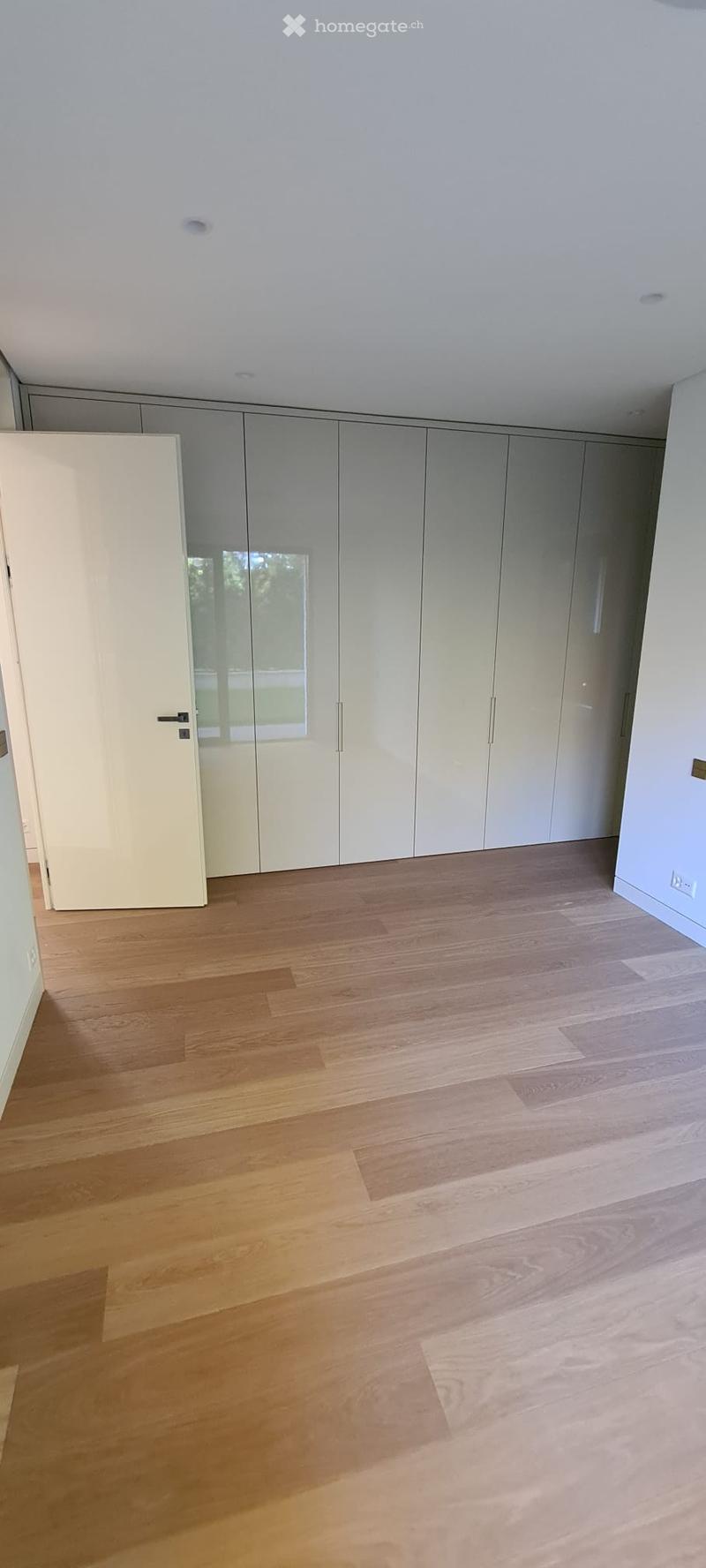 Wooden floor, white door, large windows, white wardrobes
